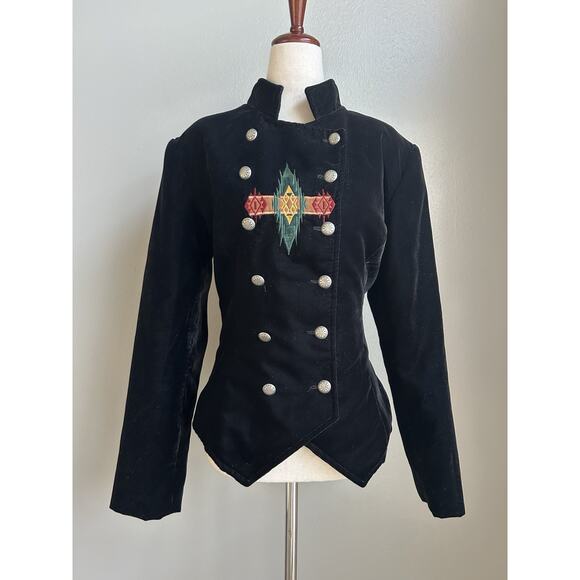 Vintage Womens Velvet Western Blazer Sz S Aztec Tribal Stand Collar Embroidered - Picture 2 of 7